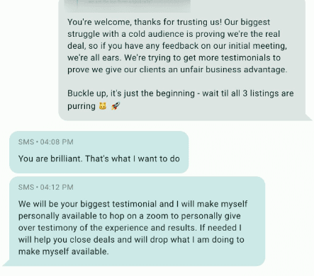 Client offering to be biggest testimonial